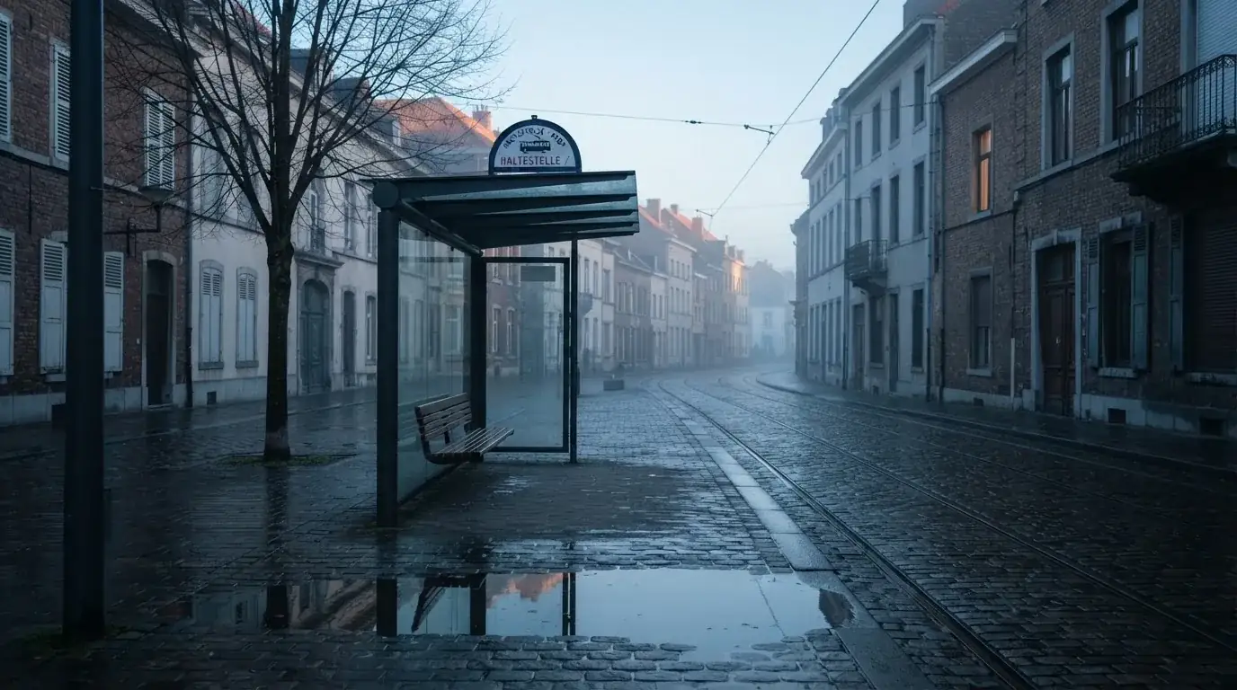 Pusta wiata przystanku tramwajowego na miejskiej ulicy o świcie, pusta ławka i mokry chodnik.