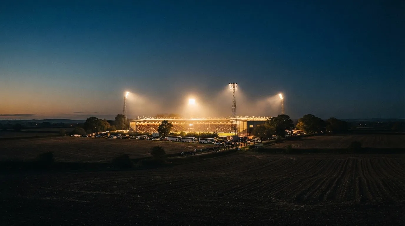 Stadion rozświetlony reflektorami widziany z daleka znad ciemnych pól w pogodny wieczór.