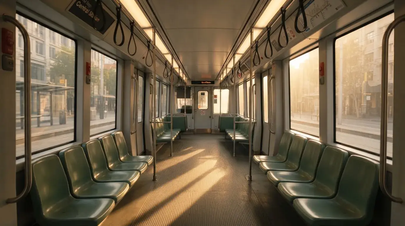 Wnętrze pustego tramwaju z rzędami siedzeń i poręczą w porannym świetle.