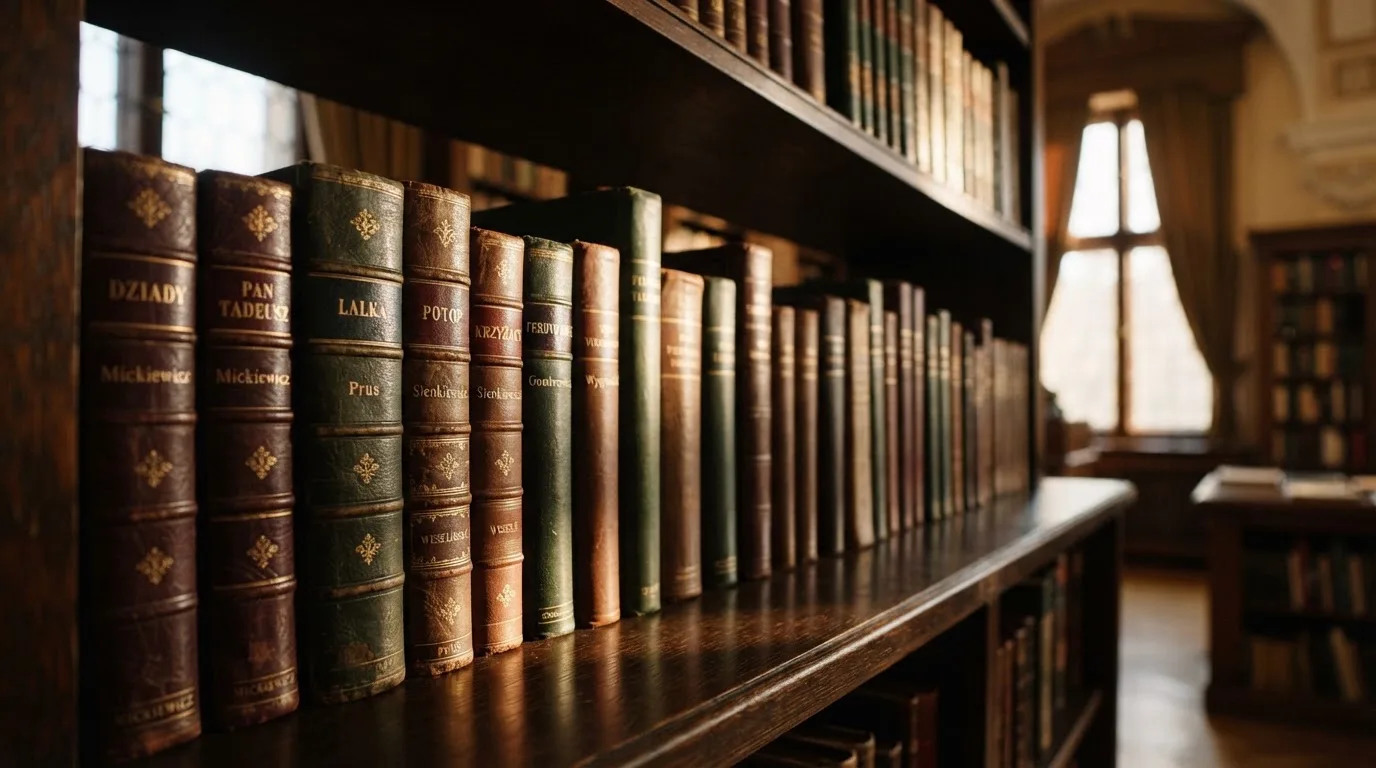 Regał z zamkniętymi książkami w skórzanych oprawach w cichej bibliotece, światło pada z boku.
