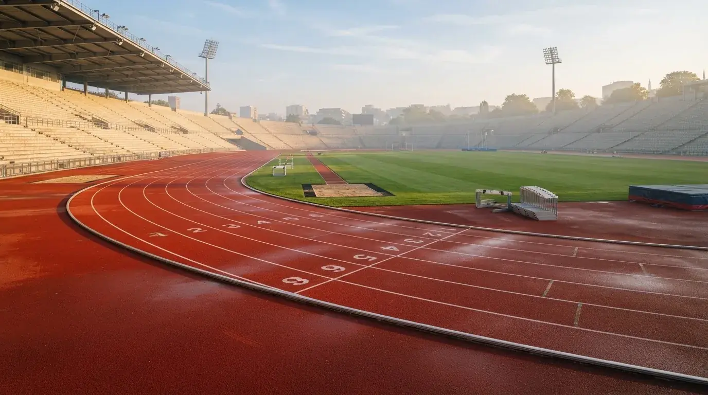 Bieżnia lekkoatletyczna wygięta w łuk pustego stadionu w porannym słońcu.
