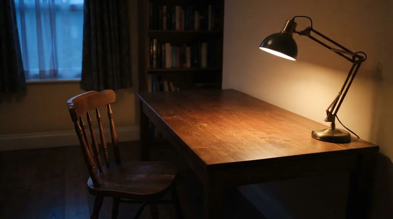 Lampa biurkowa świecąca na pustym drewnianym biurku w cichym gabinecie wieczorem, obok puste krzesło.