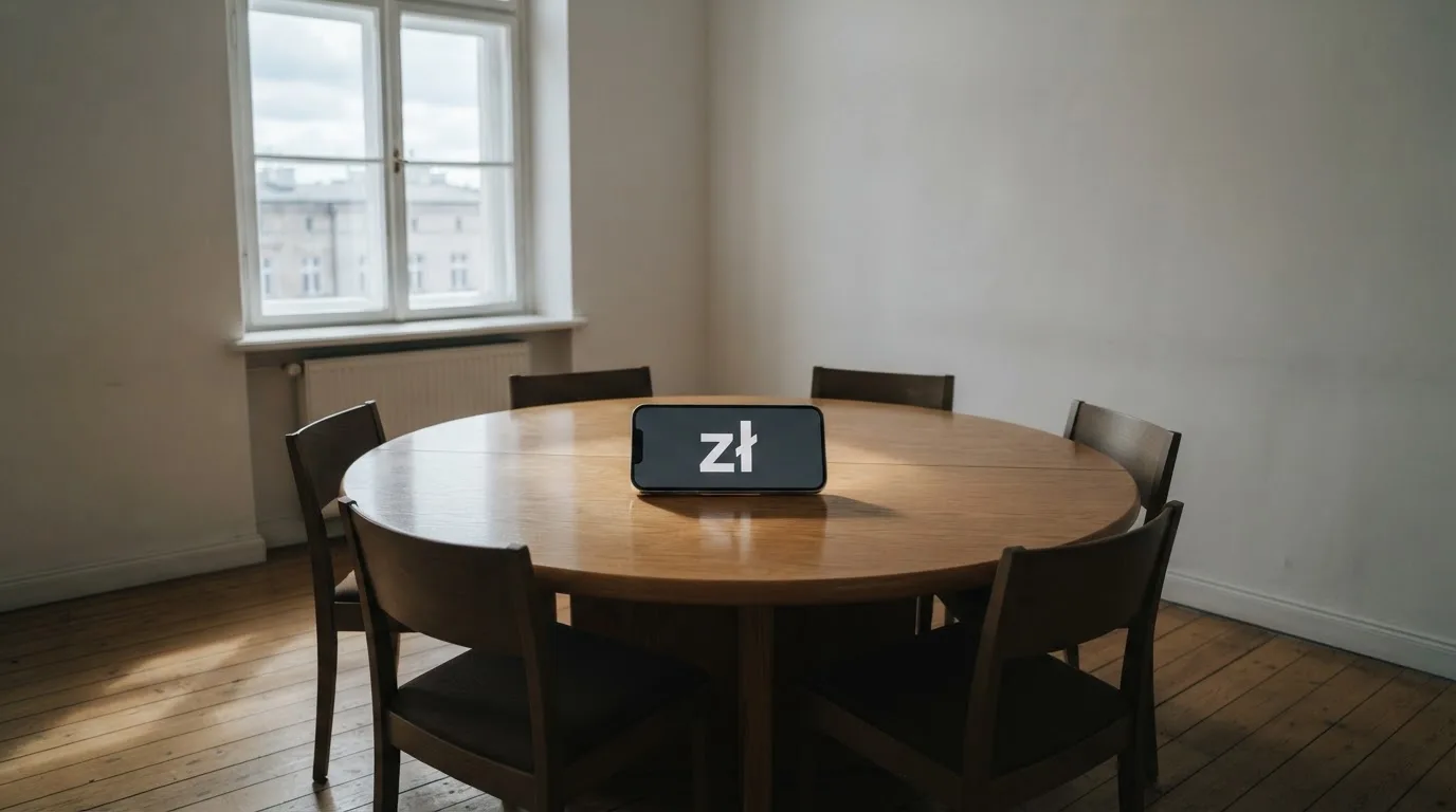 Okrągły drewniany stół w pustej sali, wokół ustawione puste krzesła, z dużego okna pada dzienne światło.