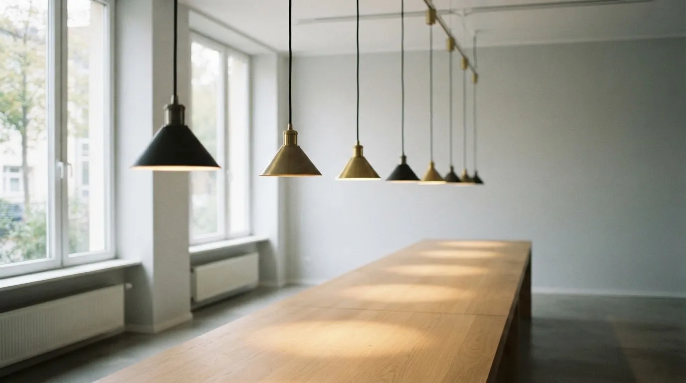 Kilka wiszących lamp w szeregu nad pustym stołem w jasnej sali, lekko rozmyte tło i gładkie ściany.
