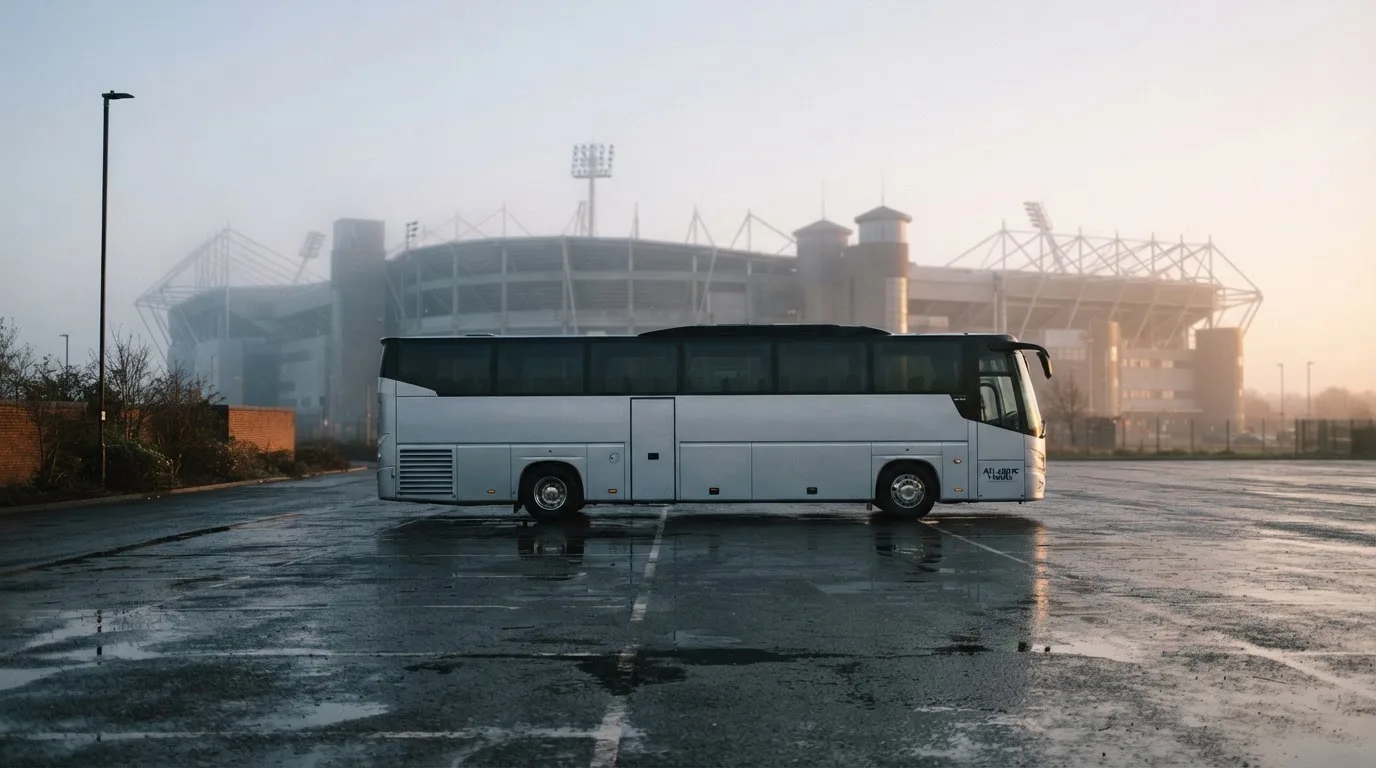 Autokar stoi na parkingu przed stadionem o świcie, rozmyte kontury trybun w tle, pusty plac i mokry asfalt.